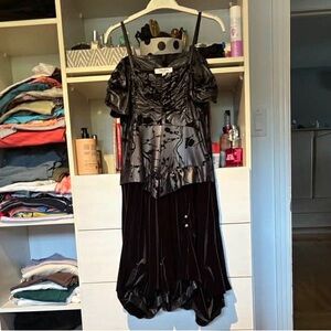 Terra Nostra black velvet & satin puff sleeve dress – size M